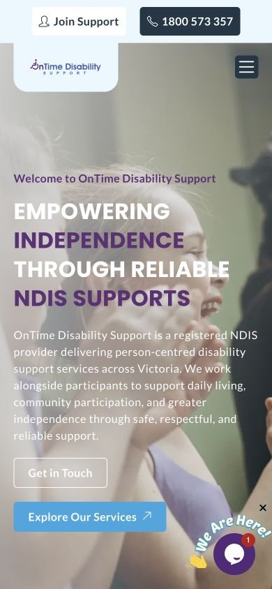 OnTime Disability Support website displayed on mobile