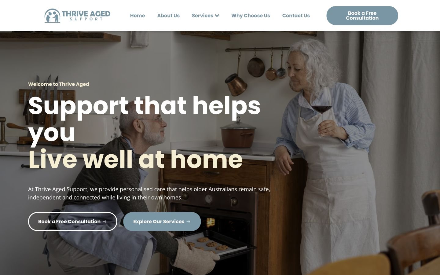 Thrive Aged Support website displayed on desktop