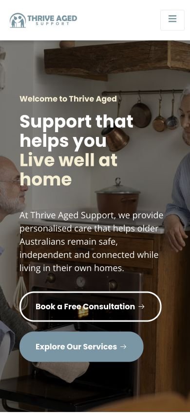 Thrive Aged Support website displayed on mobile